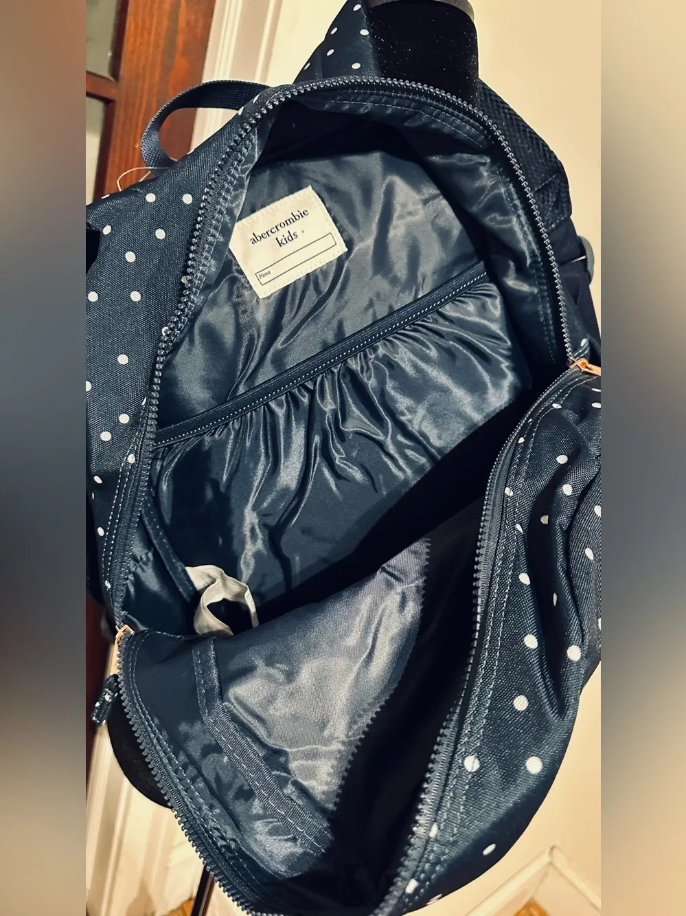 Abercrombie & Fitch Navy Blue Polka Dot Classic Backpack w/Goldtone Moose Charm